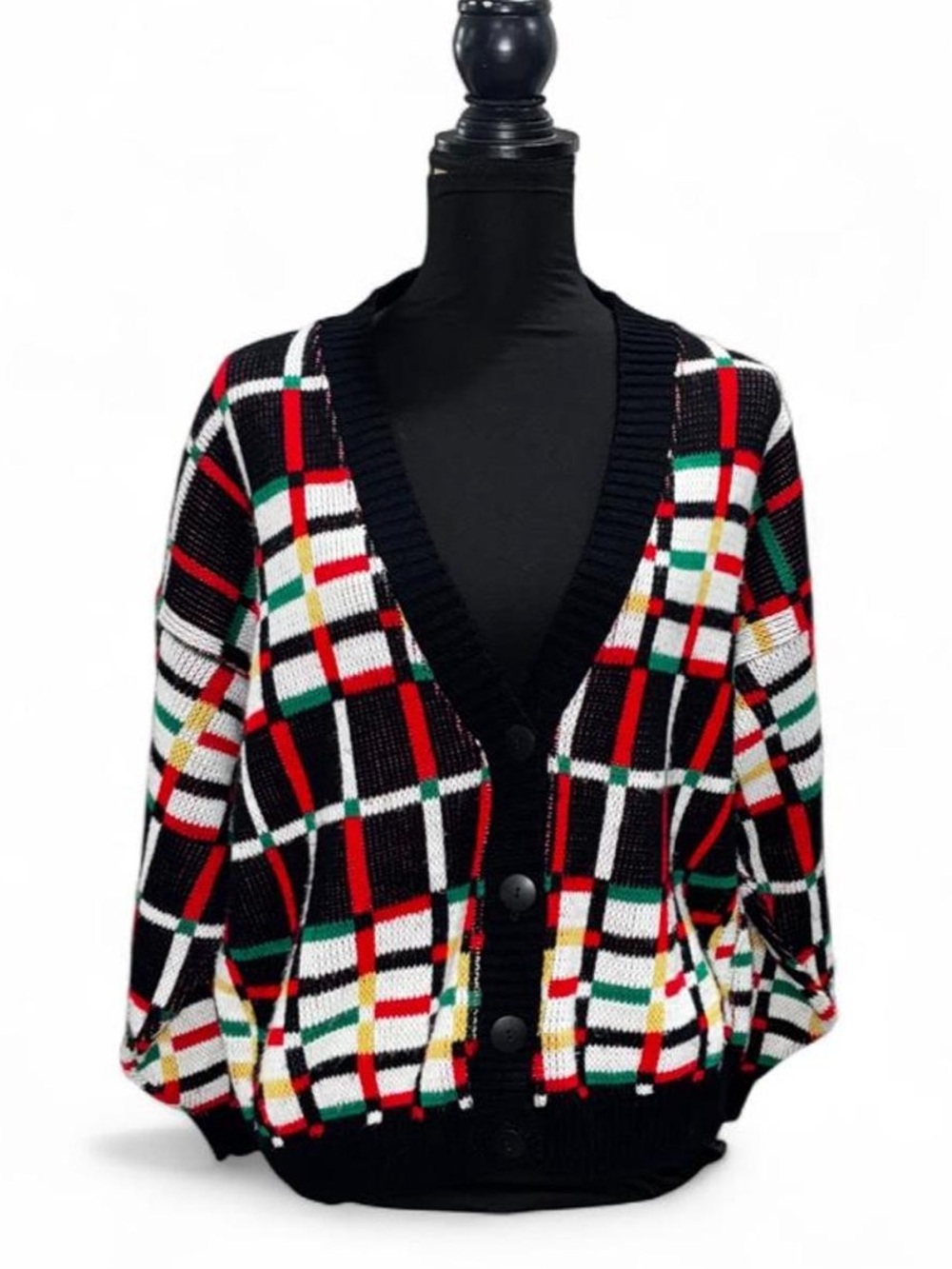 Cabin Creek Black Plaid Button-Up Cardigan with Red, White, Green